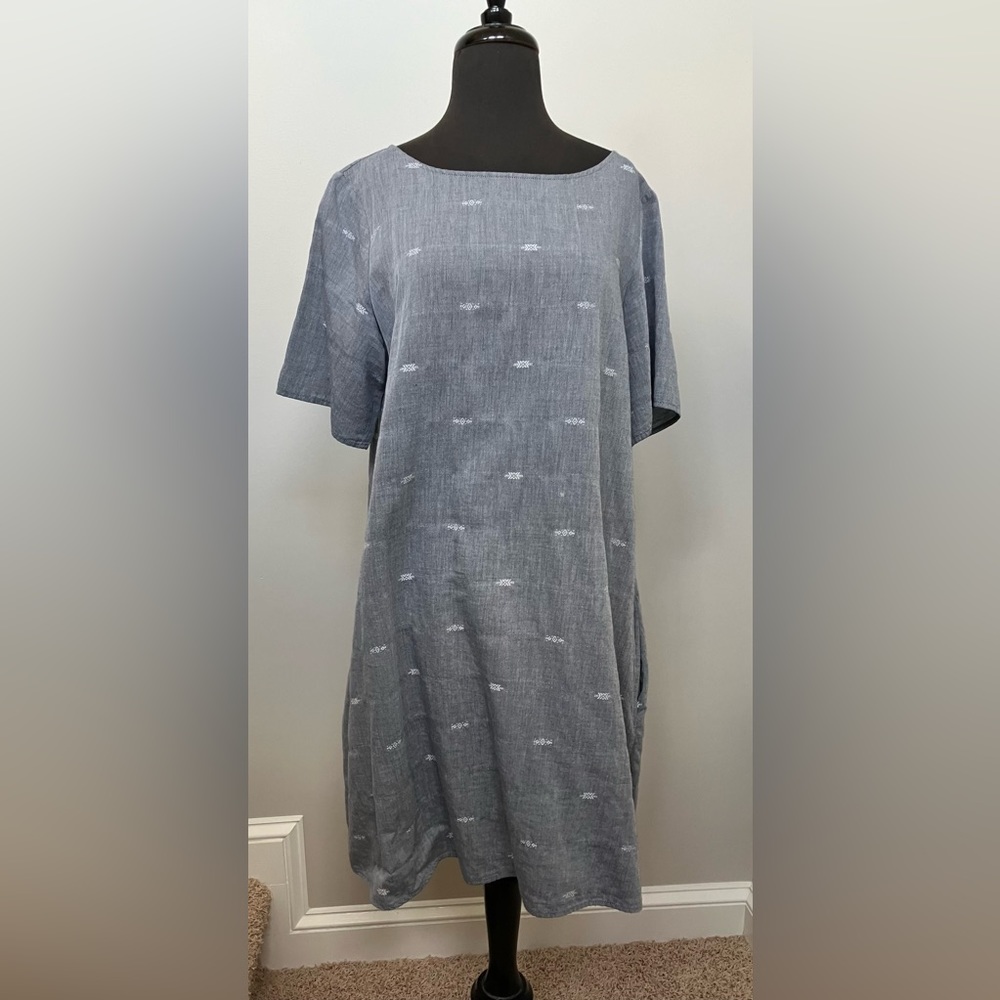 EILEEN FISHER Organic Cotton Shirt Dress L Blue Lightweight Short Sleeve